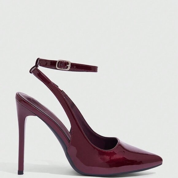 Burgundy Sexy Women's Pointed Toe Stiletto High Heel Ankle Strap Backless Pumps - Picture 7 of 10